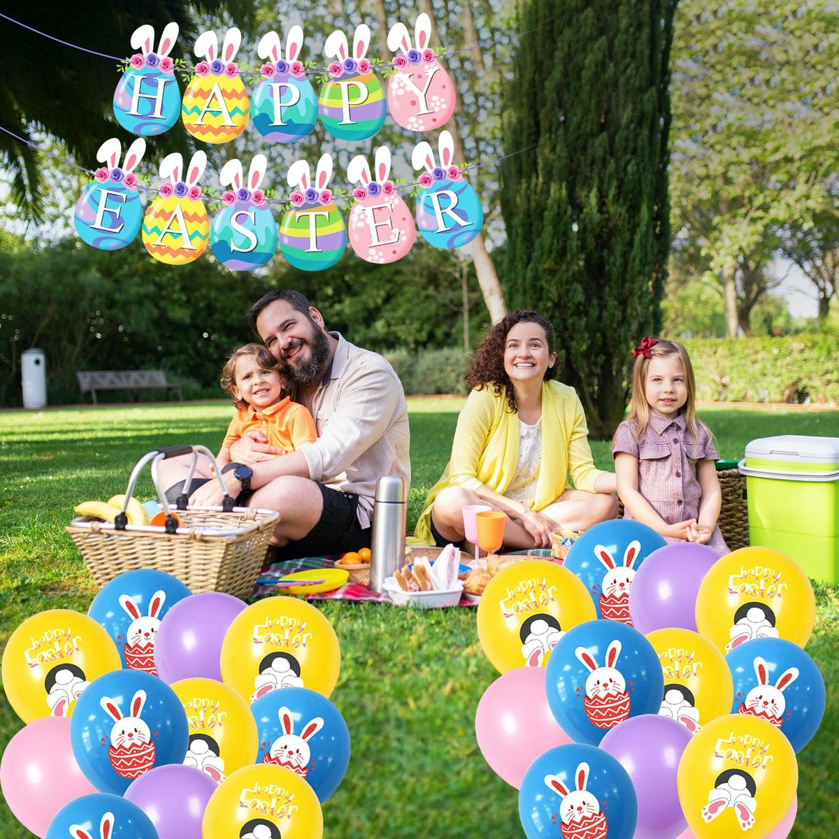 Happy Easter Banner With 24PCS Balloons Colorful Easter Banner Garland Easter Egg Flag Spring Themed Party Supplies Happy Easter Day Home Decor