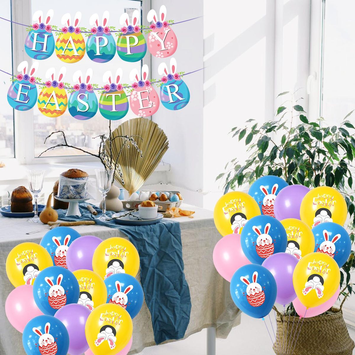 Happy Easter Banner With 24PCS Balloons Colorful Easter Banner Garland Easter Egg Flag Spring Themed Party Supplies Happy Easter Day Home Decor