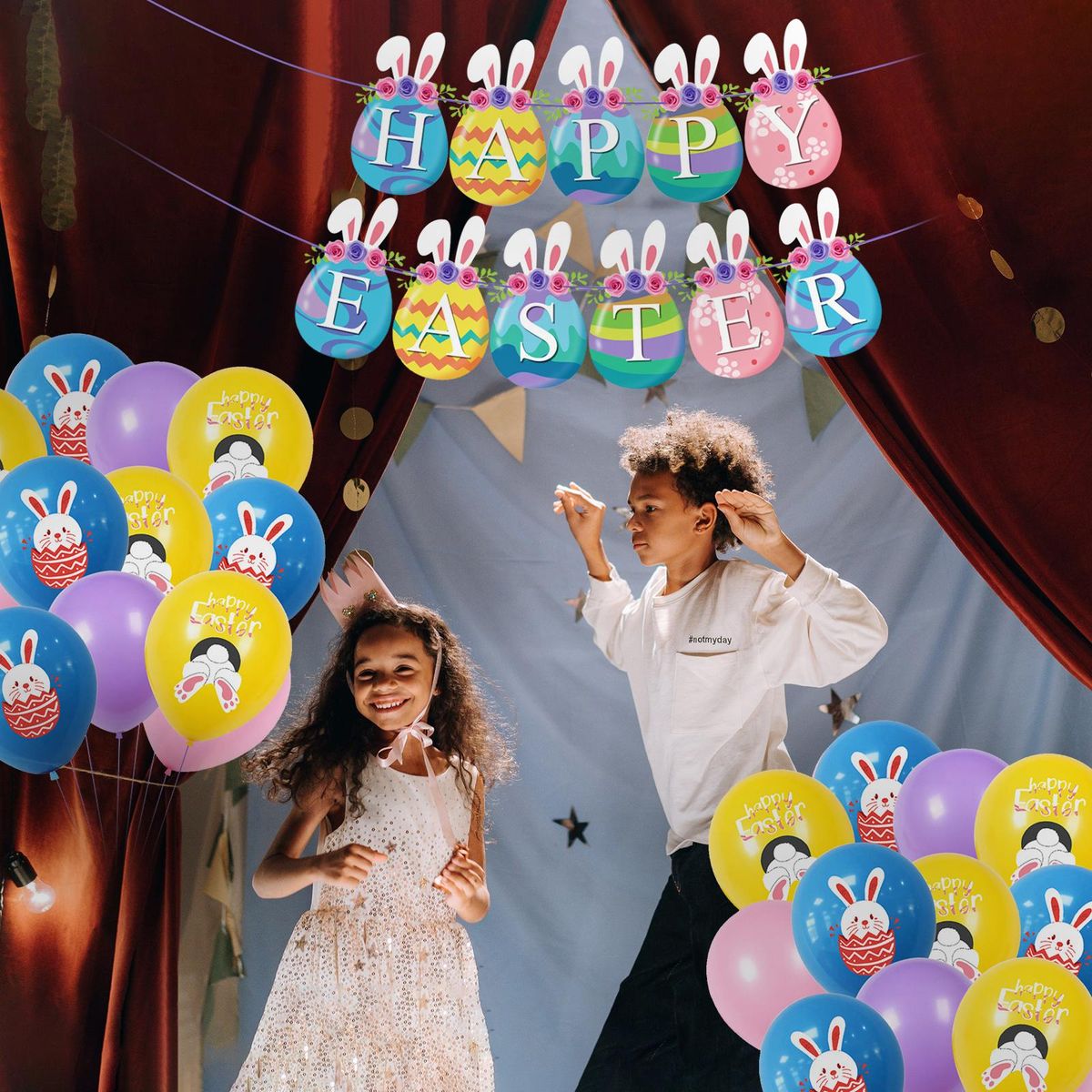 Happy Easter Banner With 24PCS Balloons Colorful Easter Banner Garland Easter Egg Flag Spring Themed Party Supplies Happy Easter Day Home Decor