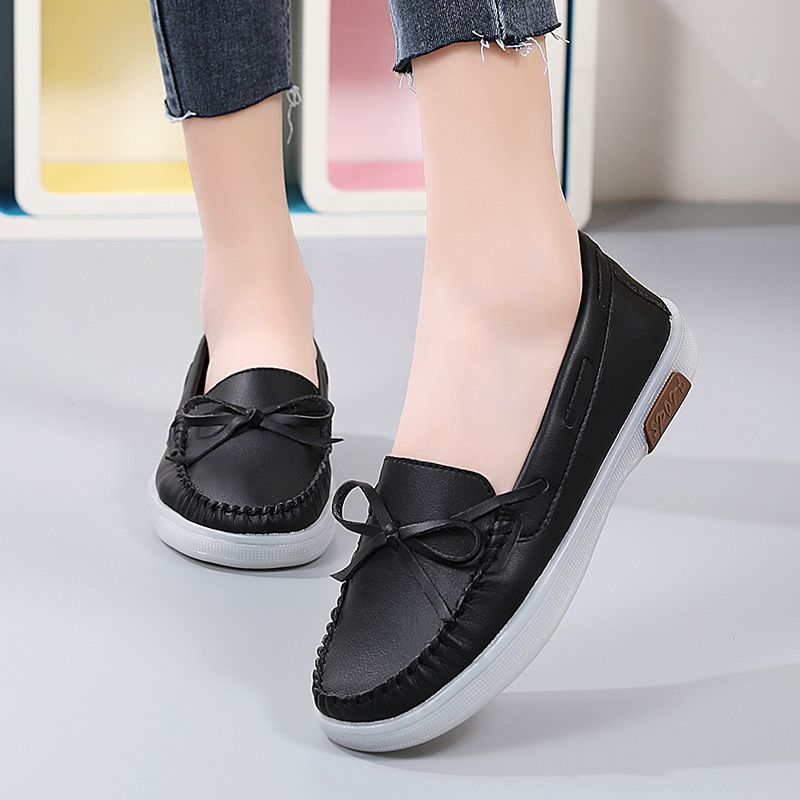 Luxury Women's Fashion Flats Shoes Top Quality Handmade Cow Split Leather Oxford Shoes Bow-knot Design Slip On Ladies Loafers Ultra-soft Leather Moccasins Boat Shoes Comfortable Casual Shoes Black