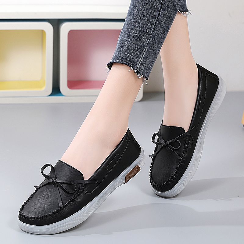 Luxury Women's Fashion Flats Shoes Top Quality Handmade Cow Split Leather Oxford Shoes Bow-knot Design Slip On Ladies Loafers Ultra-soft Leather Moccasins Boat Shoes Comfortable Casual Shoes Black