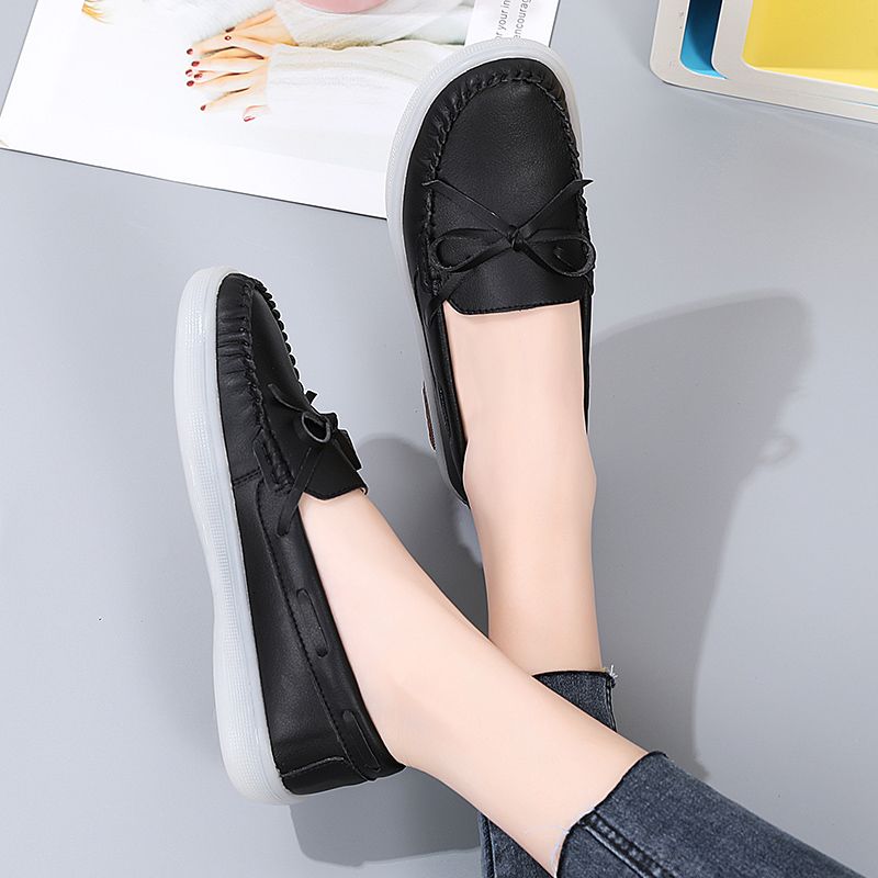 Luxury Women's Fashion Flats Shoes Top Quality Handmade Cow Split Leather Oxford Shoes Bow-knot Design Slip On Ladies Loafers Ultra-soft Leather Moccasins Boat Shoes Comfortable Casual Shoes Black