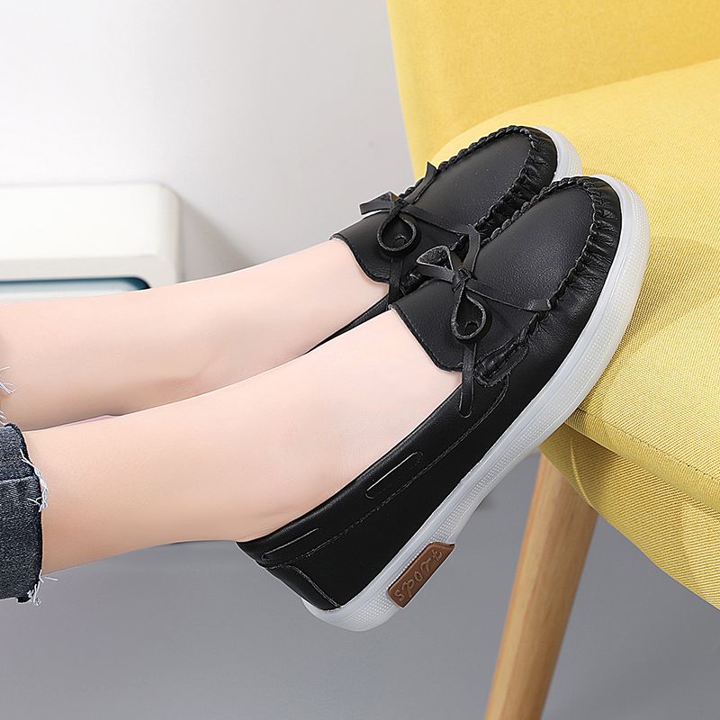 Luxury Women's Fashion Flats Shoes Top Quality Handmade Cow Split Leather Oxford Shoes Bow-knot Design Slip On Ladies Loafers Ultra-soft Leather Moccasins Boat Shoes Comfortable Casual Shoes Black