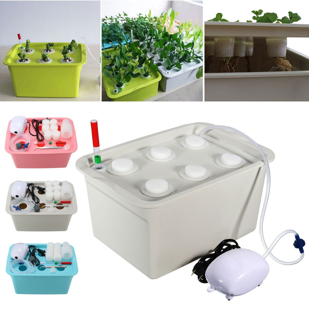 6 Holes Plant Site Hydroponic System Grow Kit Bubble Tub Air Pump Water Culture Grey