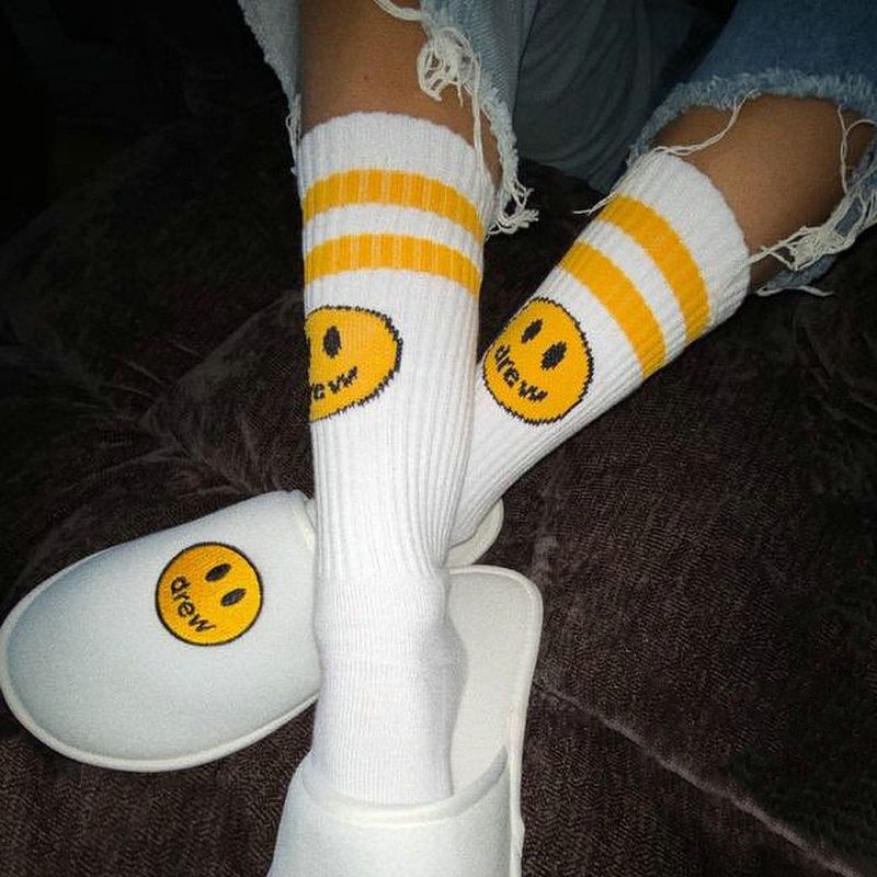 DREW 100% Cotton Socks Trendy Smiley Sock Justin Bieber Men's Socks Women's Socks Uni Cotton Stripe With DREW Wrapping Paper DW