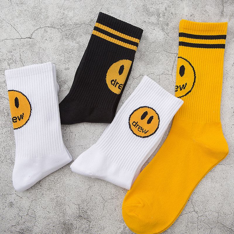 DREW 100% Cotton Socks Trendy Smiley Sock Justin Bieber Men's Socks Women's Socks Uni Cotton Stripe With DREW Wrapping Paper DW