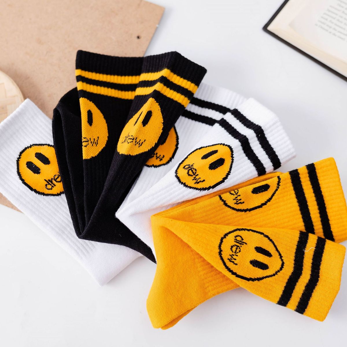 DREW 100% Cotton Socks Trendy Smiley Sock Justin Bieber Men's Socks Women's Socks Uni Cotton Stripe With DREW Wrapping Paper DW