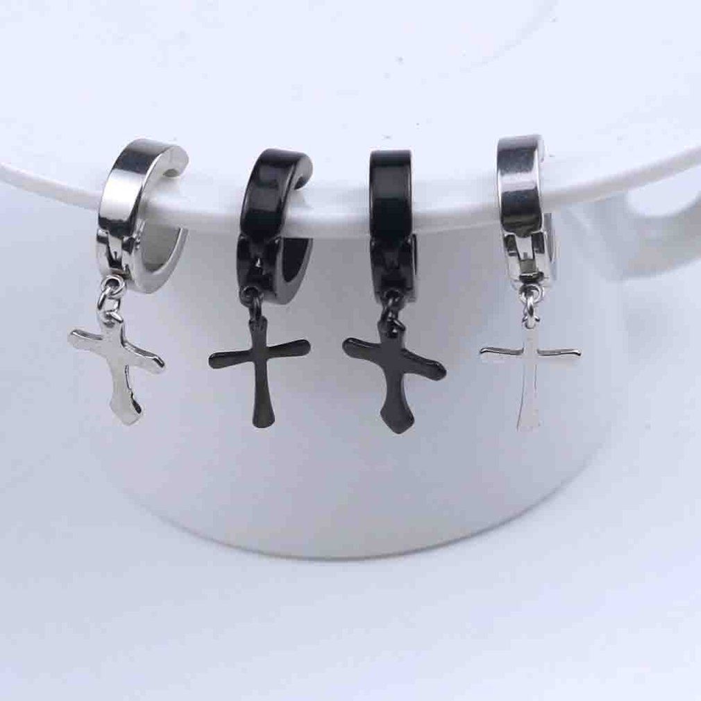 OR Cross Design Men Ear Hooks Stud Non Piercing Clip Earrings  Black