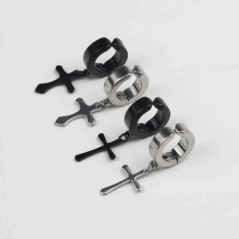 OR Cross Design Men Ear Hooks Stud Non Piercing Clip Earrings  Black