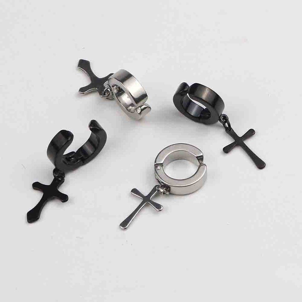 OR Cross Design Men Ear Hooks Stud Non Piercing Clip Earrings  Black