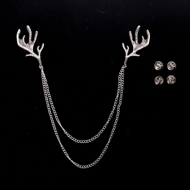Brooch Pin Deer Horn Shirt Collar Chain Suit Lapel - Silver