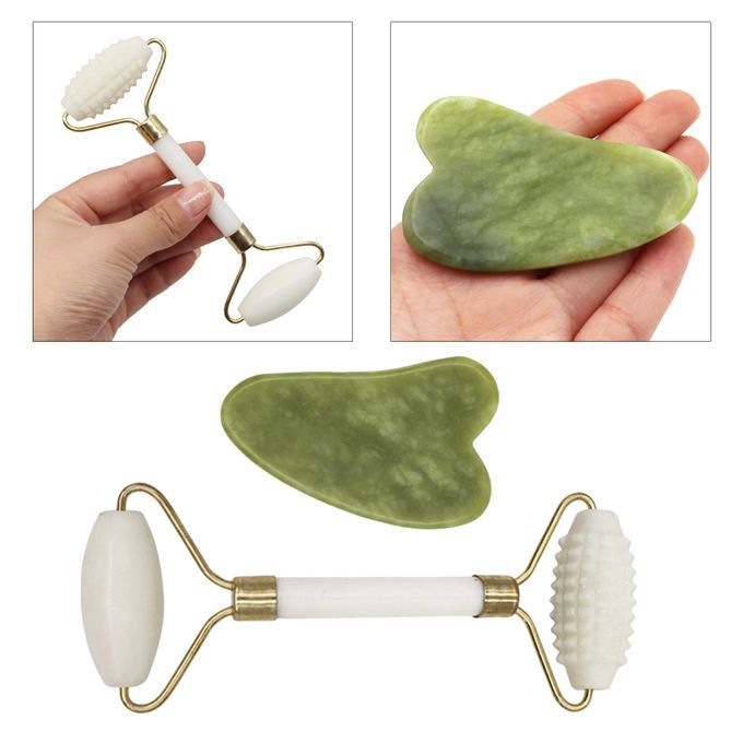 Double Heads Jade Face Roller Gua Sha Tool Set For Skin Lift  Green