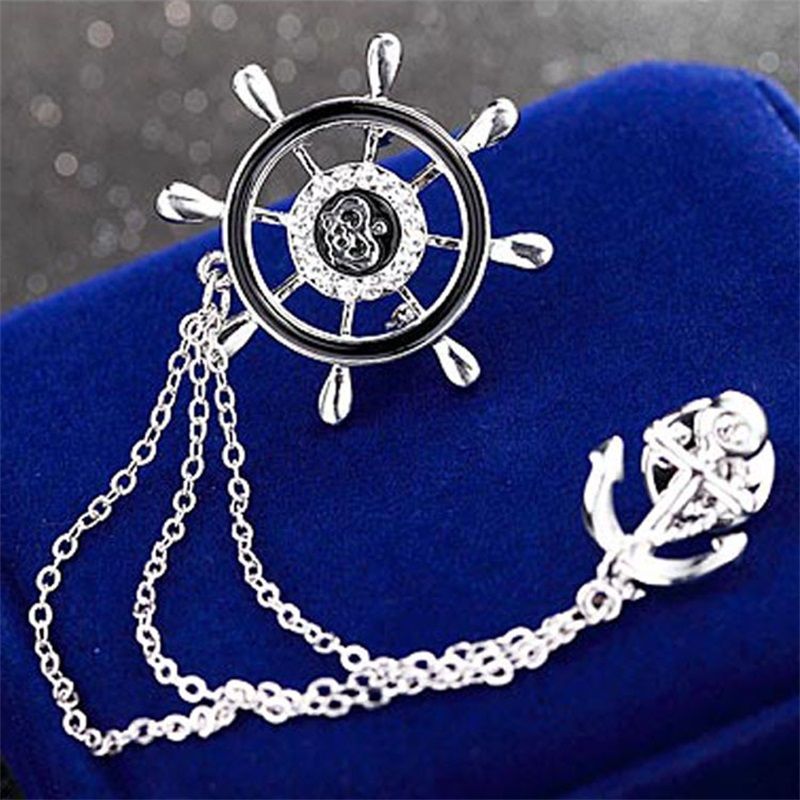 Nautical Anchor Suit Lapel Chain Tassel Brooch - Silver