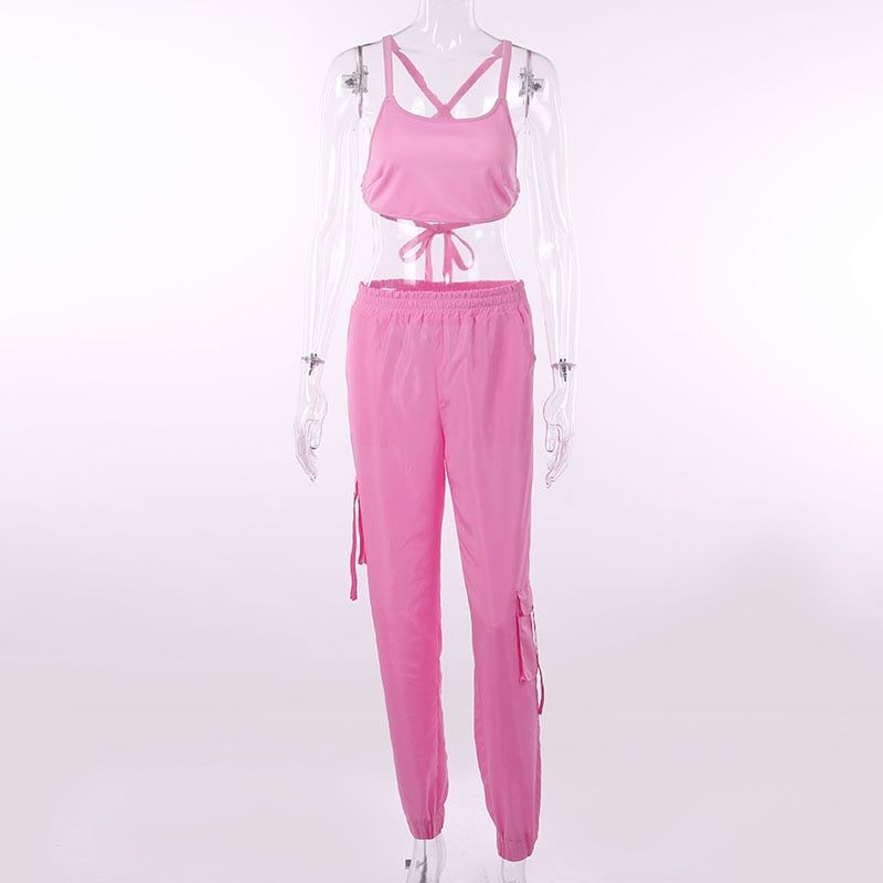 InstaHot Pink 2 Piece Set Women Casual Pockets Loose Cargo Pants Jogger Pant Elastic Waist Backless Strap Crop Tops  Streetwear（#black）