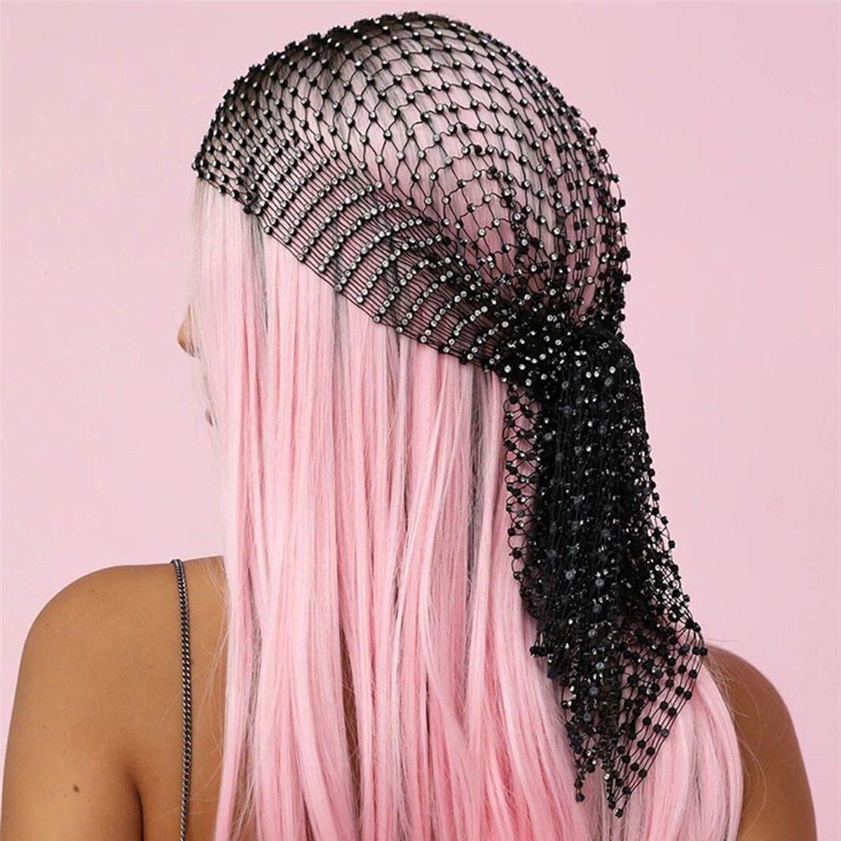 Cosplay Headband Sparkling Rhinestone Elastic Snood Scarf Cap for Prom Black