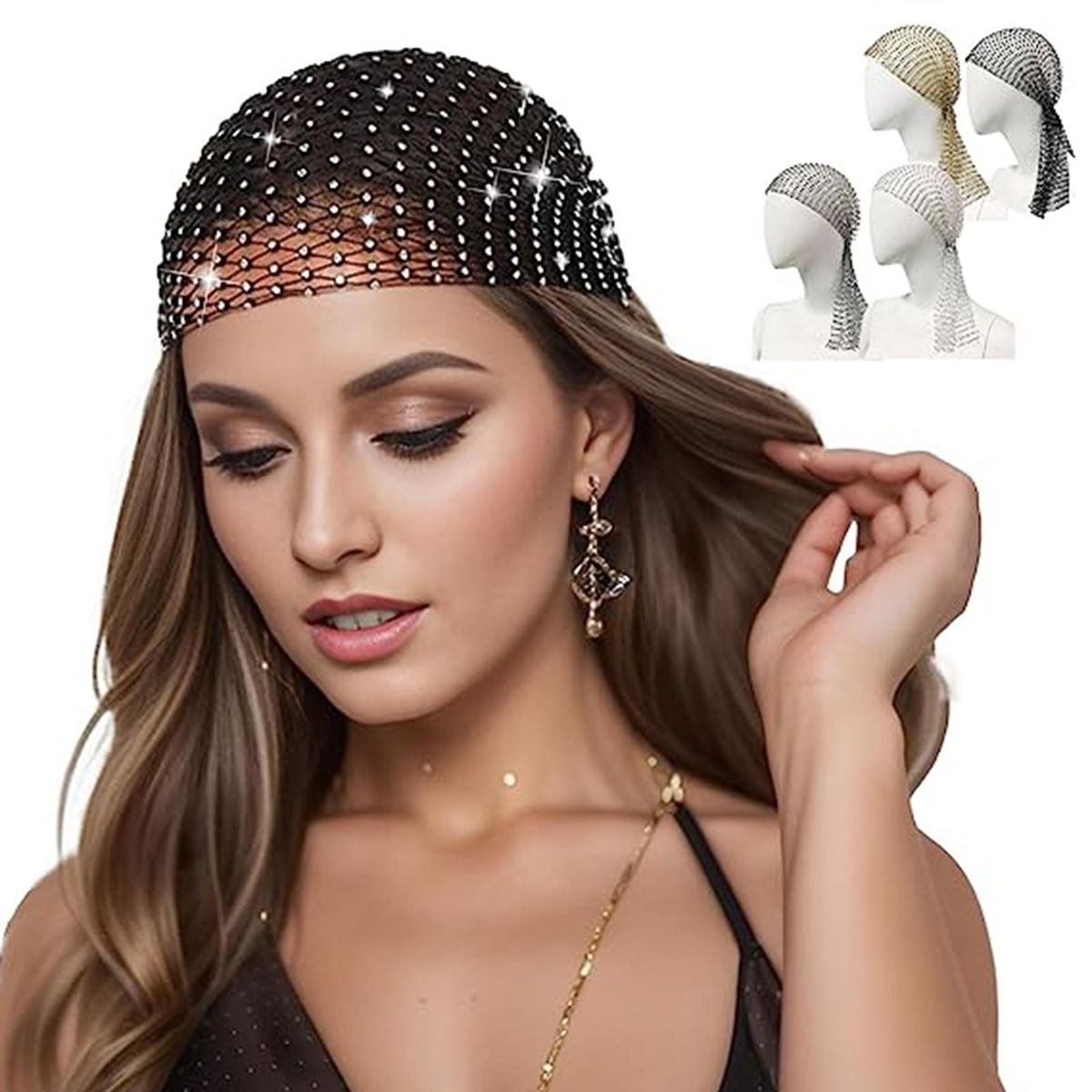 Cosplay Headband Sparkling Rhinestone Elastic Snood Scarf Cap for Prom Black