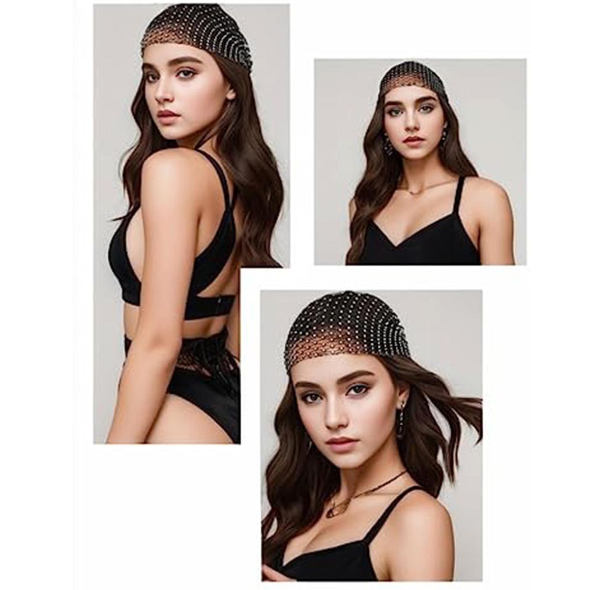 Cosplay Headband Sparkling Rhinestone Elastic Snood Scarf Cap for Prom Black
