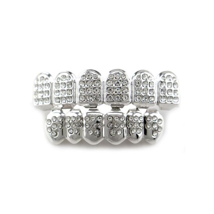 Set Silver Teeth Grillz Top Bottom Iced Out CZ Hip Hop Tooth Cap Grill Bling