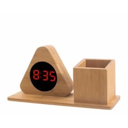 Wooden Digital Led Clock With Pen Holder