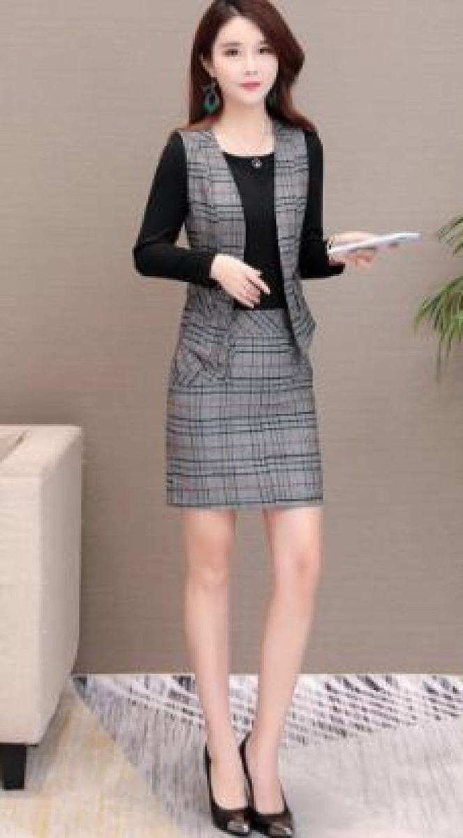Business Grid Two-piece Dress Blue