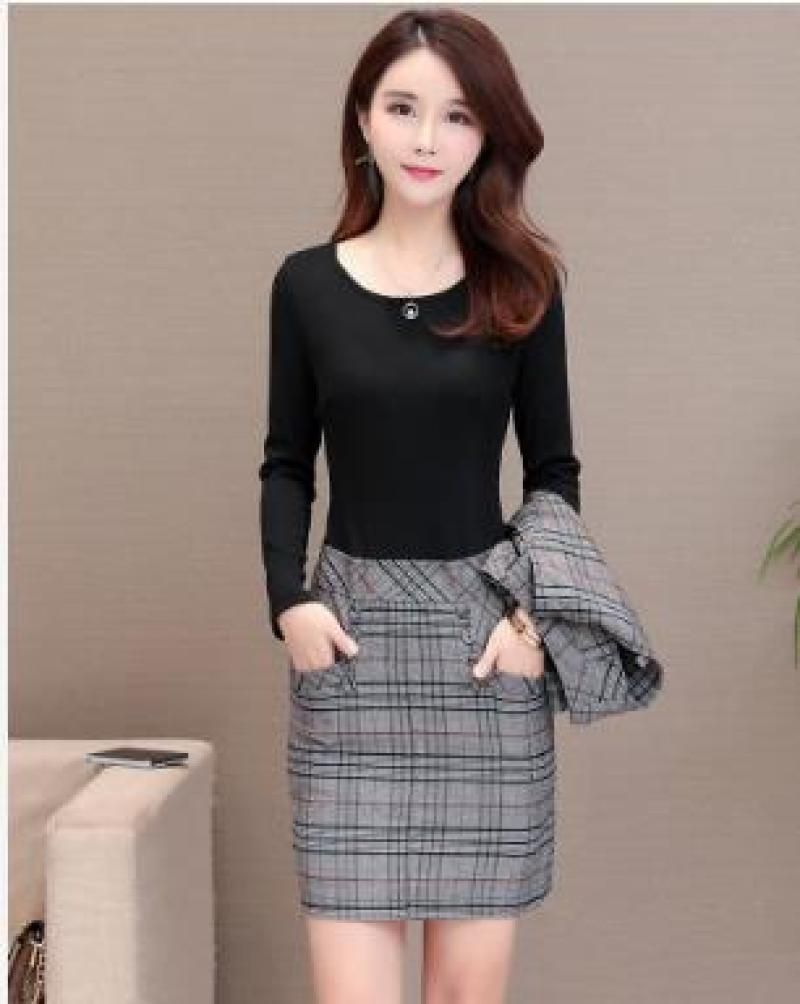 Business Grid Two-piece Dress Blue