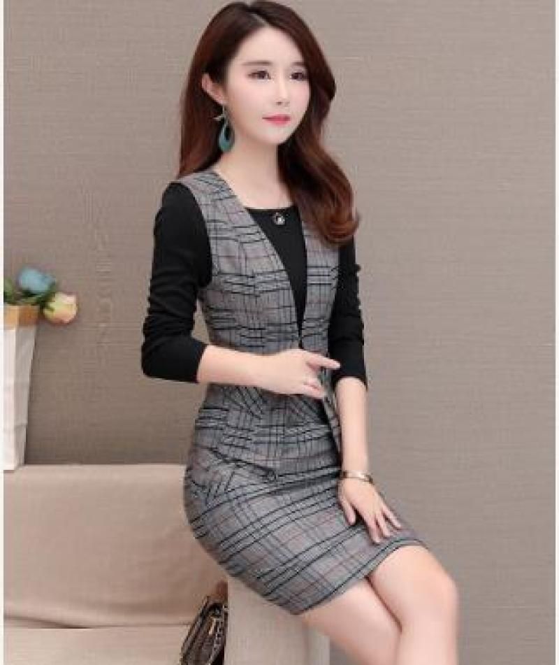 Business Grid Two-piece Dress Blue