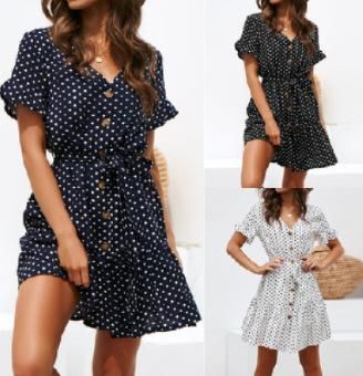 2023 Spring Sexy Wave Dot Print V-Neck Button Lace Up Chiffon Dress