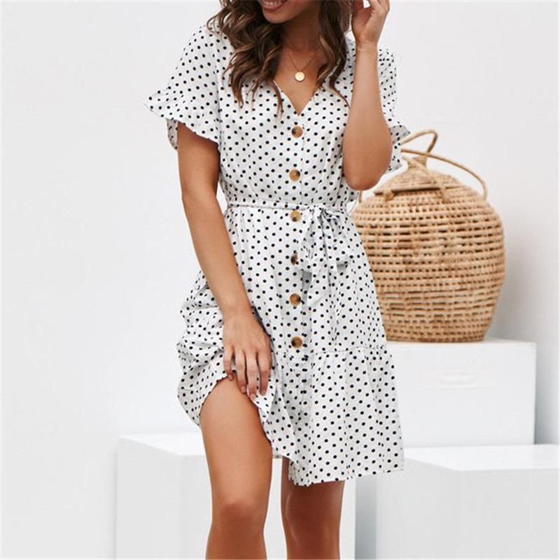 2023 Spring Sexy Wave Dot Print V-Neck Button Lace Up Chiffon Dress
