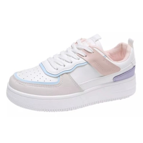 Thick-Soled Leather Female Sneakers - White & Pink