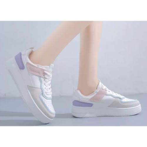 Thick-Soled Leather Female Sneakers - White & Pink