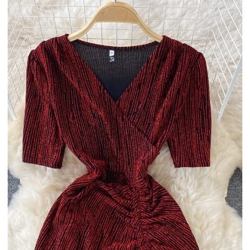 Ruched Glittery Midi Dress- Dark Red