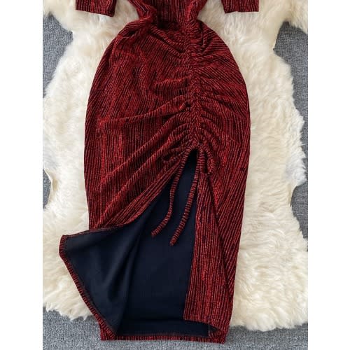 Ruched Glittery Midi Dress- Dark Red