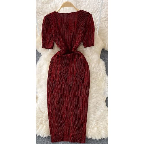 Ruched Glittery Midi Dress- Dark Red