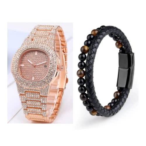 2 In 1 Iced Rhinestone Men Women Wrist Watch With Bracelet- Rose Gold