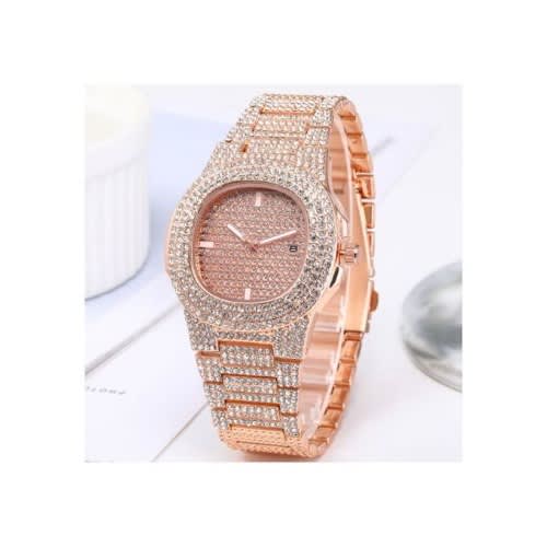 2 In 1 Iced Rhinestone Men Women Wrist Watch With Bracelet- Rose Gold