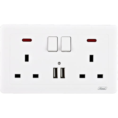 Himel Switched Socket With 2 USB Prime V2 Series, 2 X 13 A, With Neon Indicator|| HWDP213ASSN2USB