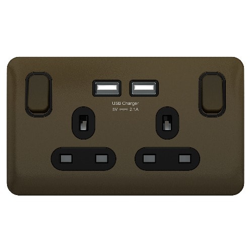 Lisse - Switched Socket - 2 Gang - 13a Sp 2usb Mocha Bronze -GGBL30202USBABMBS