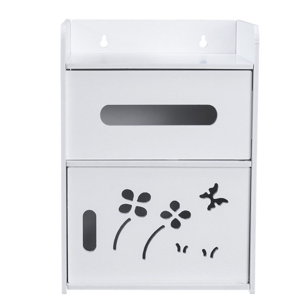 Multipurpose Punch-Free Hollow Carved Tissue Box Holder Wall Mounted Tissue Holder Toilet Roll Paper Box Bathroom Dispenser Rack Storage PVC Wood Plastic Board Single / Double Layer Tissue Box White Flowers (double Layer)