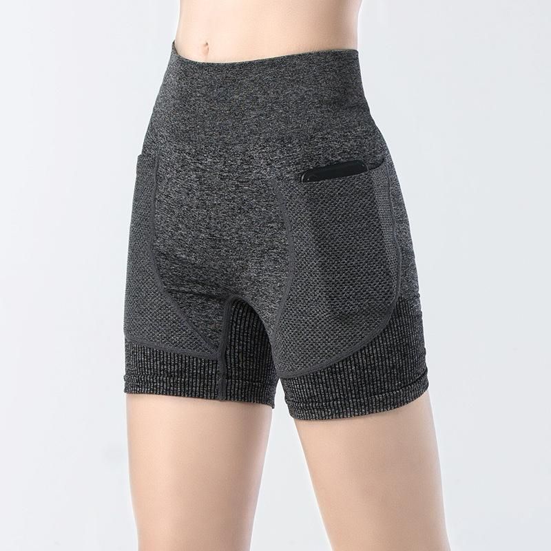 High waist side pocket fitness shorts Women's seamless vertical stripe compression hip lifting tight