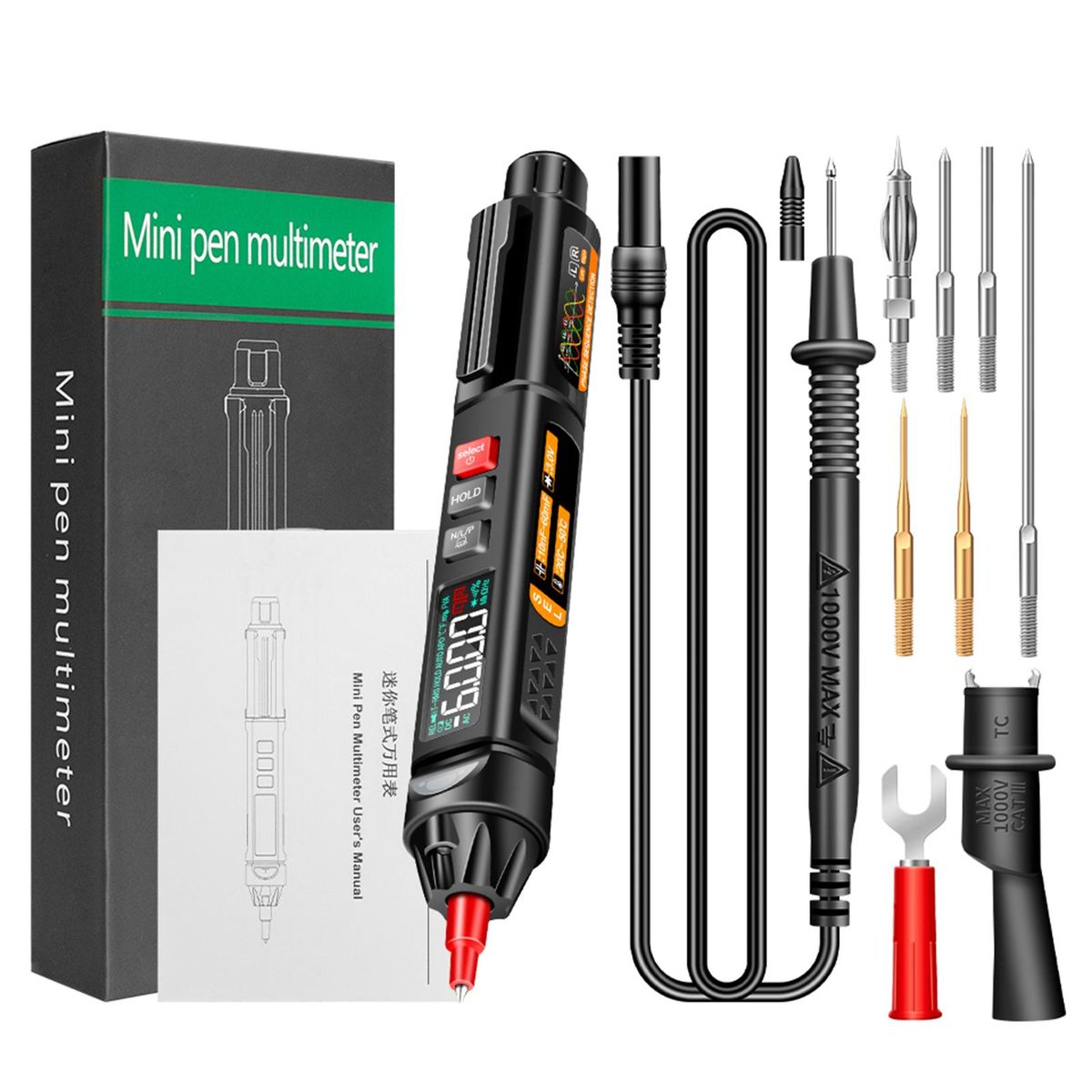 ANENG A3009 Mini Pen Multimeter with Voice Broadcast 6000 Counts Voltmeter VA Reverse LCD Display Flashlight NCV Tester for Voltage Resistance Capacitance Temperature On/Off Diode Phase Sequence Measurement with Combination A