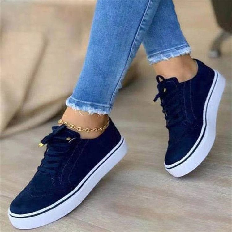 (navy Blue)Sneakers Women 2023 New Flat Casual Sneaker Spring Fashion Versatile Lace Up Sports Temperament Solid Color Walking Womens Shoes OLD