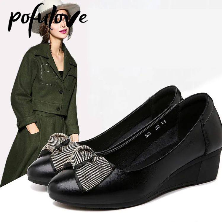 Pofulove Womans Shoes Leather Wedge Platform Heels Office Ladies Shoes For