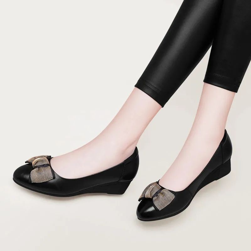 Pofulove Womans Shoes Leather Wedge Platform Heels Office Ladies Shoes For