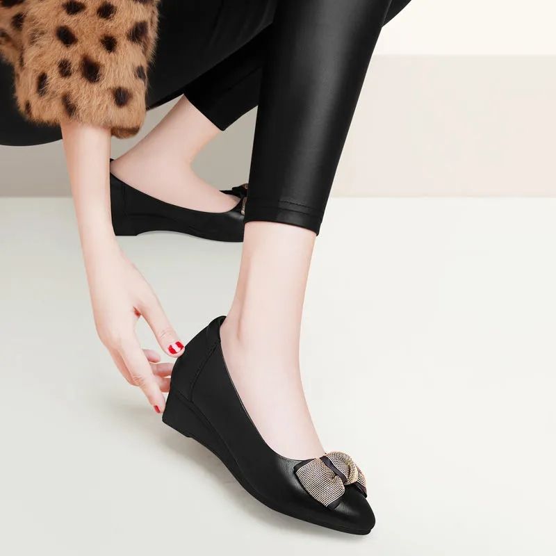 Pofulove Womans Shoes Leather Wedge Platform Heels Office Ladies Shoes For