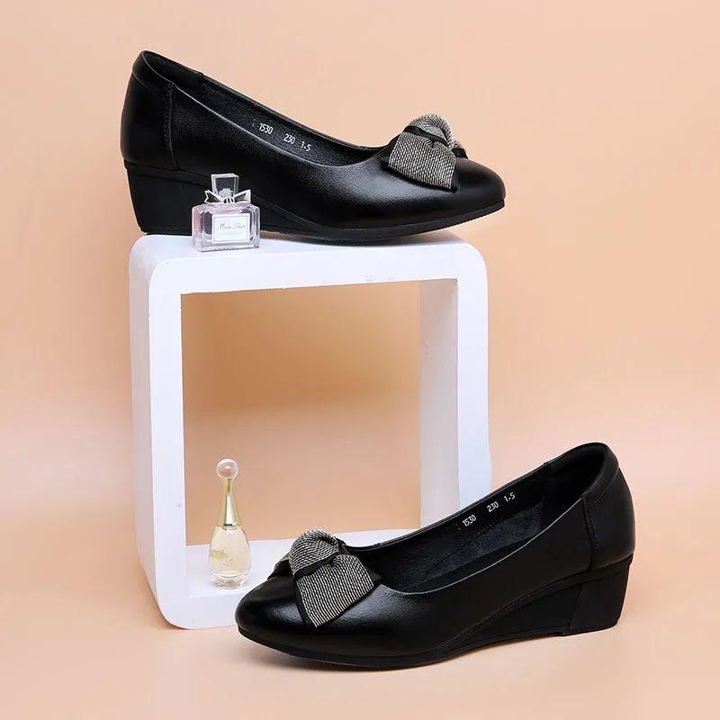 Pofulove Womans Shoes Leather Wedge Platform Heels Office Ladies Shoes For