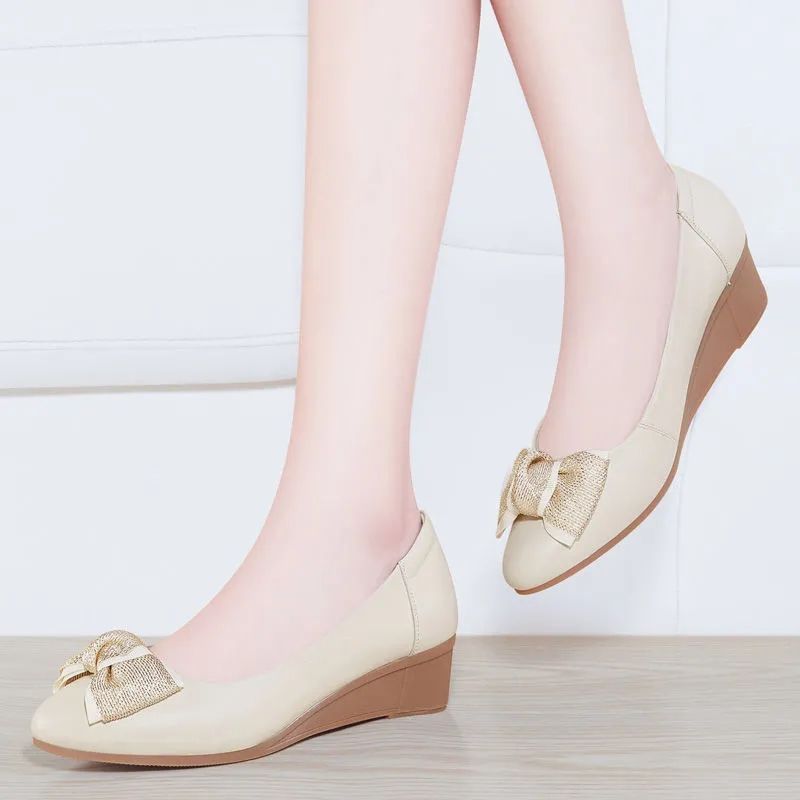 Pofulove Womans Shoes Leather Wedge Platform Heels Office Ladies Shoes For