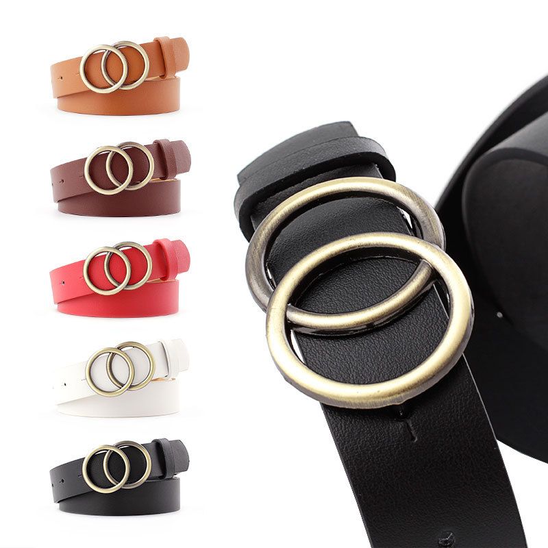 Double Circles Metal Buckle Leather Belts For Wear Jeans Decoration