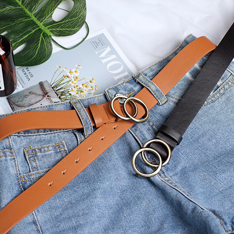 Double Circles Metal Buckle Leather Belts For Wear Jeans Decoration