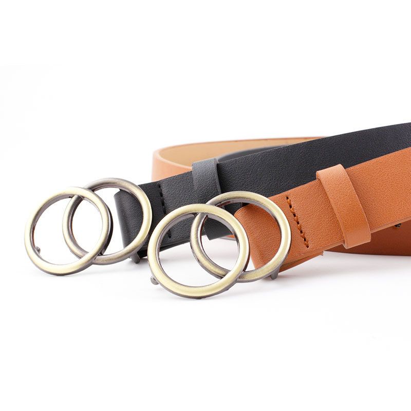 Double Circles Metal Buckle Leather Belts For Wear Jeans Decoration