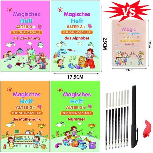 4in1 Reusable Drawing Books Multi-Language Learning Writing Copybook For Calligraphy Math Art Supplies Practice Book For Kids German 17.5x25CM